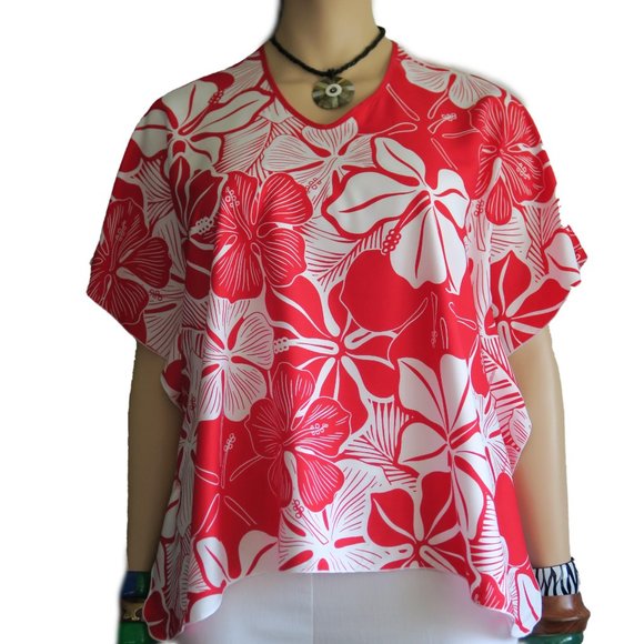 Hawaiian Aloha Red - Polynesian Butterfly Top Caftan Cover-up Shirt Tunic Travel - Picture 2 of 6